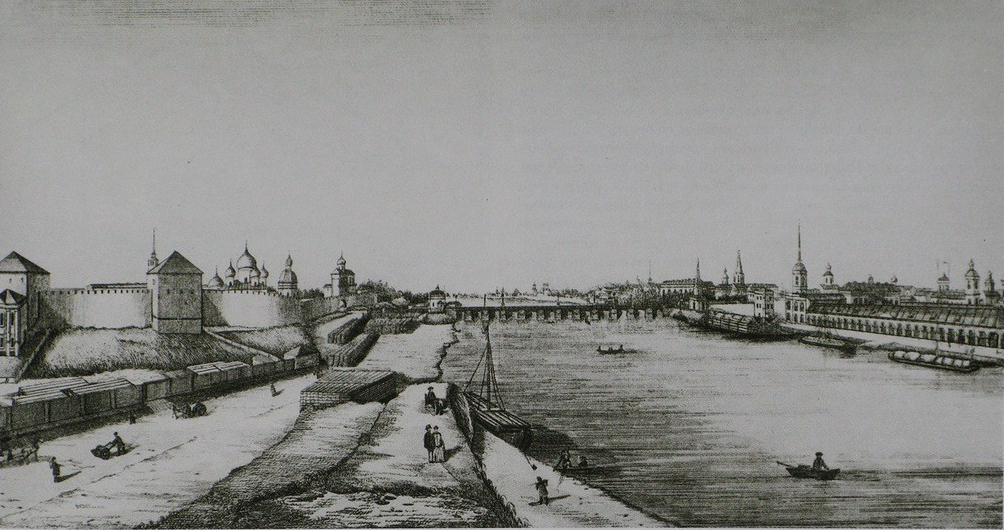 Новгород, вид на реку Волхов. Гравюра неизвестного автора. Примерно XIX век