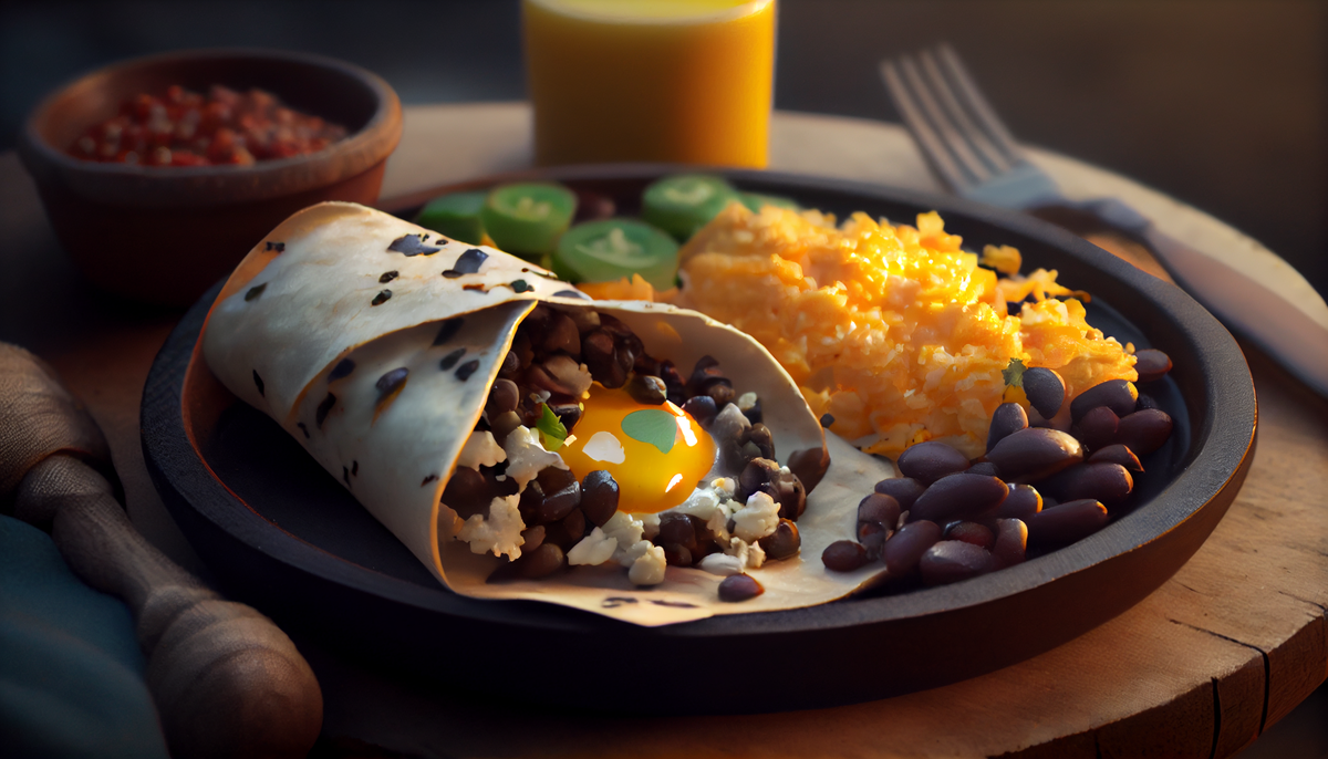 Автор: MidJourney, по описанию: Breakfast burrito with scrambled eggs and black beans, unreal engine 5, --ar 16:9