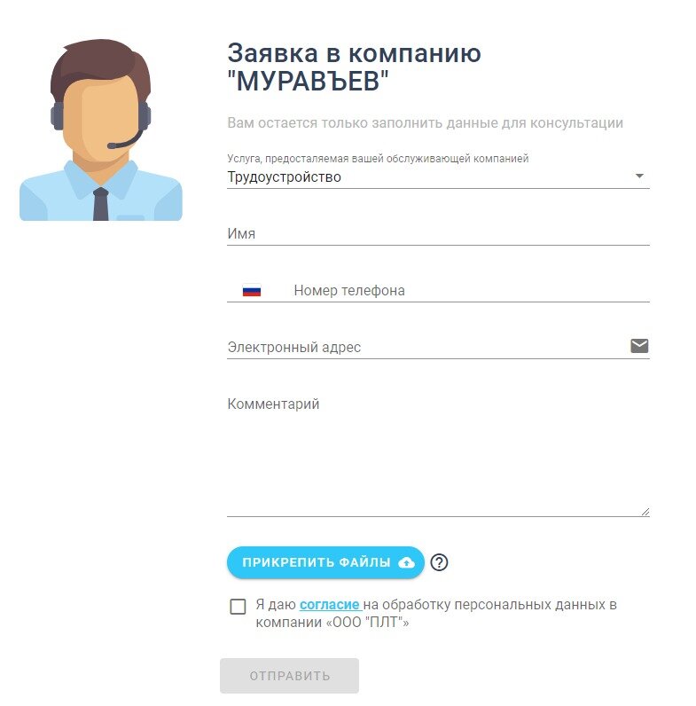 Интерфейс настроенной формы для соискателей и клиентов