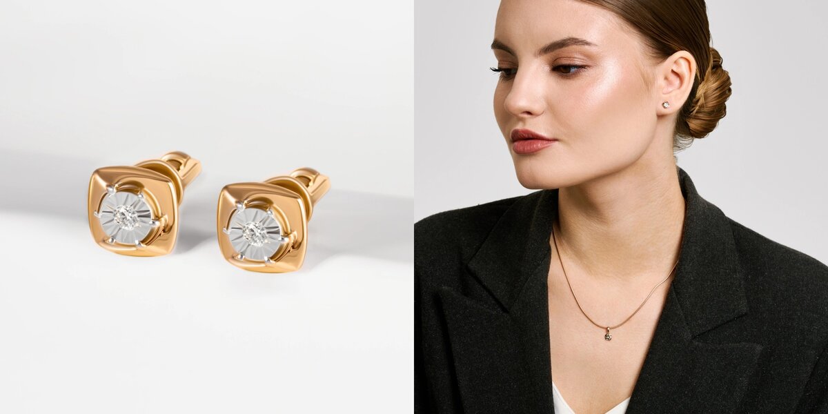 Золотые серьги гвоздики с бриллиантами 000-381572 на ourgold.ru