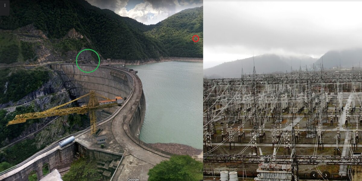 Ингурская ГЭС. Слева – грузинская часть, сама плотина и начало водотока (зелёный кружок), вдали видна ВЛ 500 кВ (красный кружок). Справа – ОРУ 500 кВ в Абхазии.