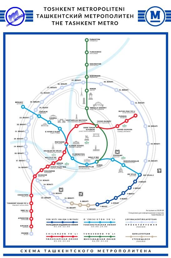 Схема ташкентского метро на 2022 год. Серым обозначены строящиеся станции.
Первая линия на схеме, разумеется, красного цвета — как и везде в СССР.