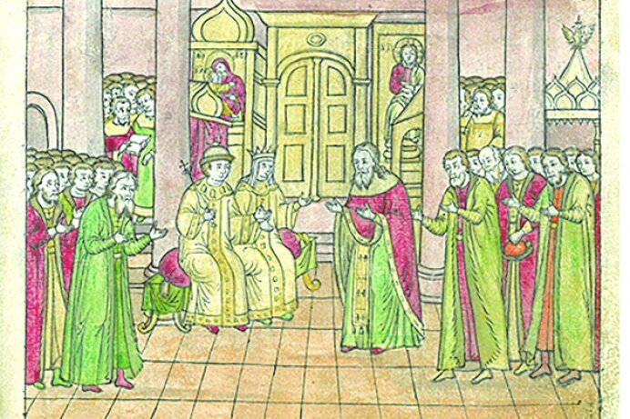 Протопоп Максим здравствует царя Михаила и Евдокию Стрешневу (Из рукописи ХVIII в.)