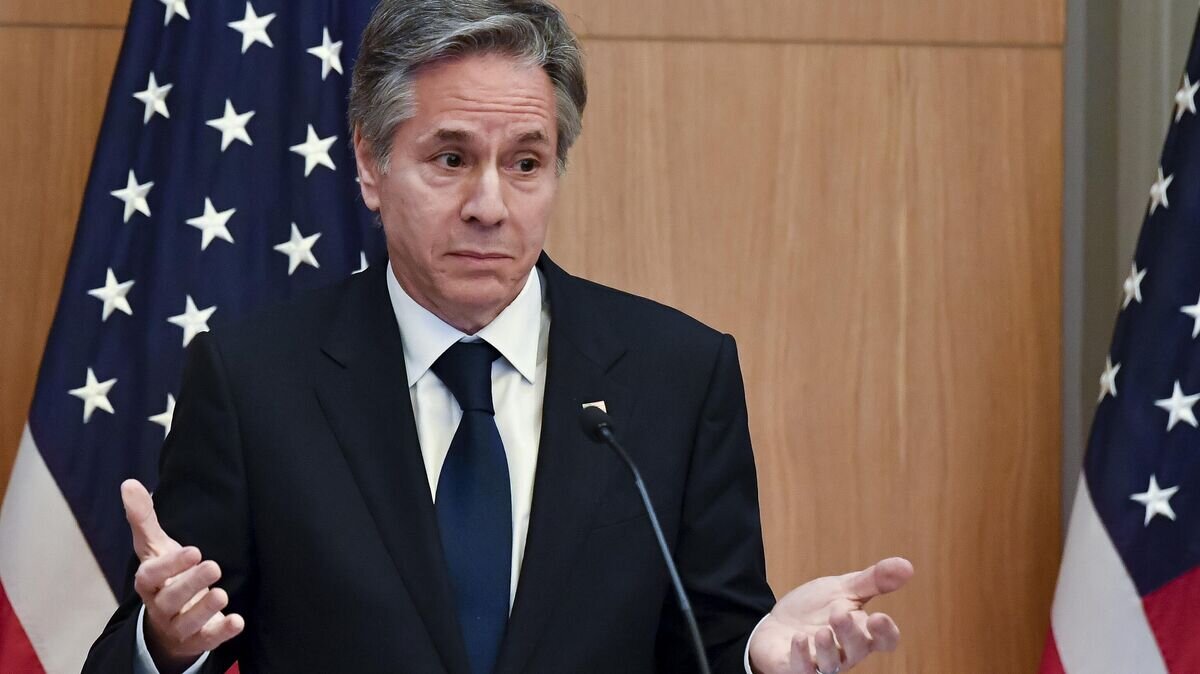    Госсекретарь США Энтони Блинкен во время пресс-конференции в Ташкенте© AP Photo