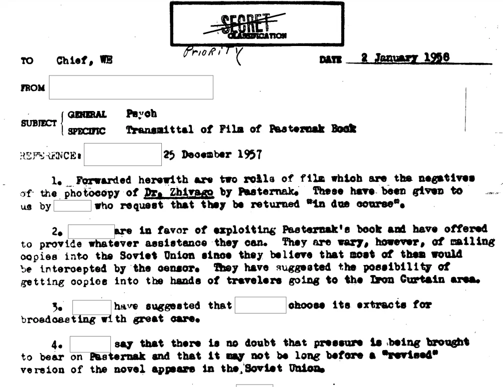 Фрагмент документа №19580102 из рассекреченного архива ЦРУ. О доставке «Доктора Живаго» Пастернака в США силами ЦРУ и том, как его распространять.