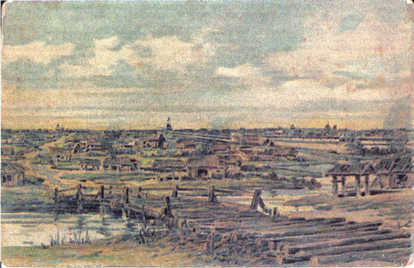 Вид на «Кучково поле» с берега Неглинной от Кузнецкого поста в XVI веке. Художественная открытка товарищества А.И. Абрикосова, 1910-е годы