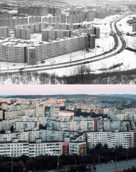 Микрорайон в Мурманске в 1979-м году, и сегодня. Это к вопросу о ликвидности бесплатного советского жилья - скоро полвека этим домам стукнет, а в них до сих пор живется вполне комфортно даже в суровом климате Заполярья