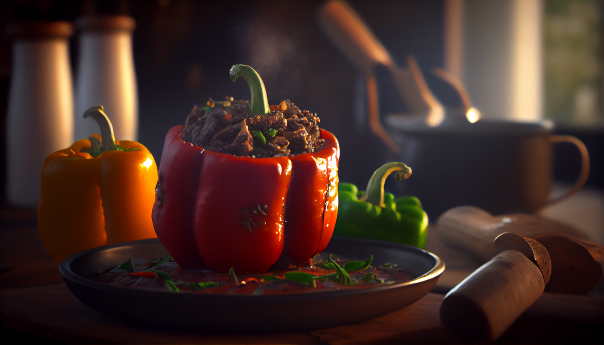 Автор: MidJourney, по описанию: Beef and mushroom stuffed bell peppers, unreal engine 5, --ar 16:9