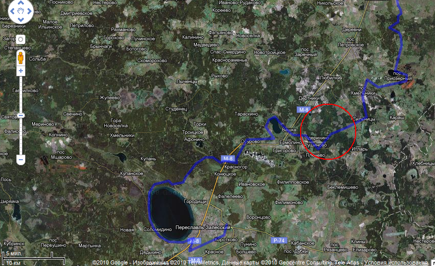 Координаты круглого объекта между Ростовом и Переяславлем-Залесским: 
56.885633, 39.201512