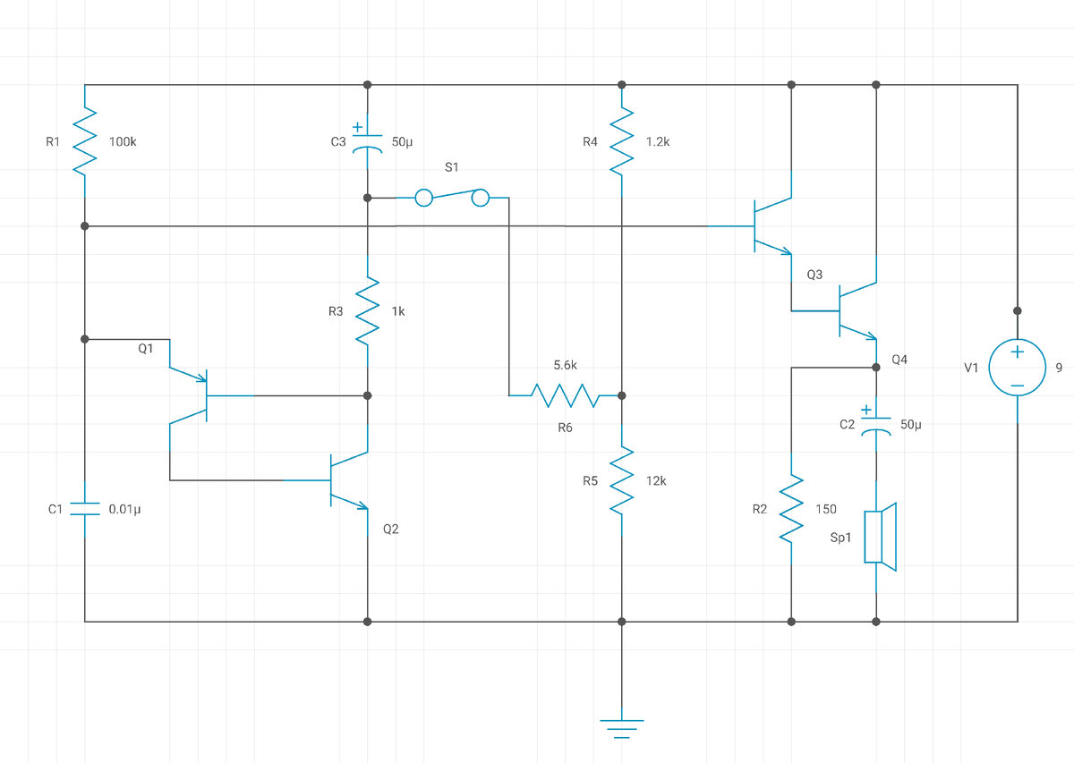 В качестве излучающей головки использовать обычные головные телефоны на 32 -68 ом. Эта сирена довольно громко издает сигнал и может использоваться для сигнализации, там где необходимо звуковое извещение. Генератор собран на аналоге однопереходного транзистора, собранный из двух биполярных. Эмиттерный повторитель довольно хорошо согласуется с выходом и имеет большую выходную мощность. Схема как всегда легка в сборке, не требует дорогих комплектующих.