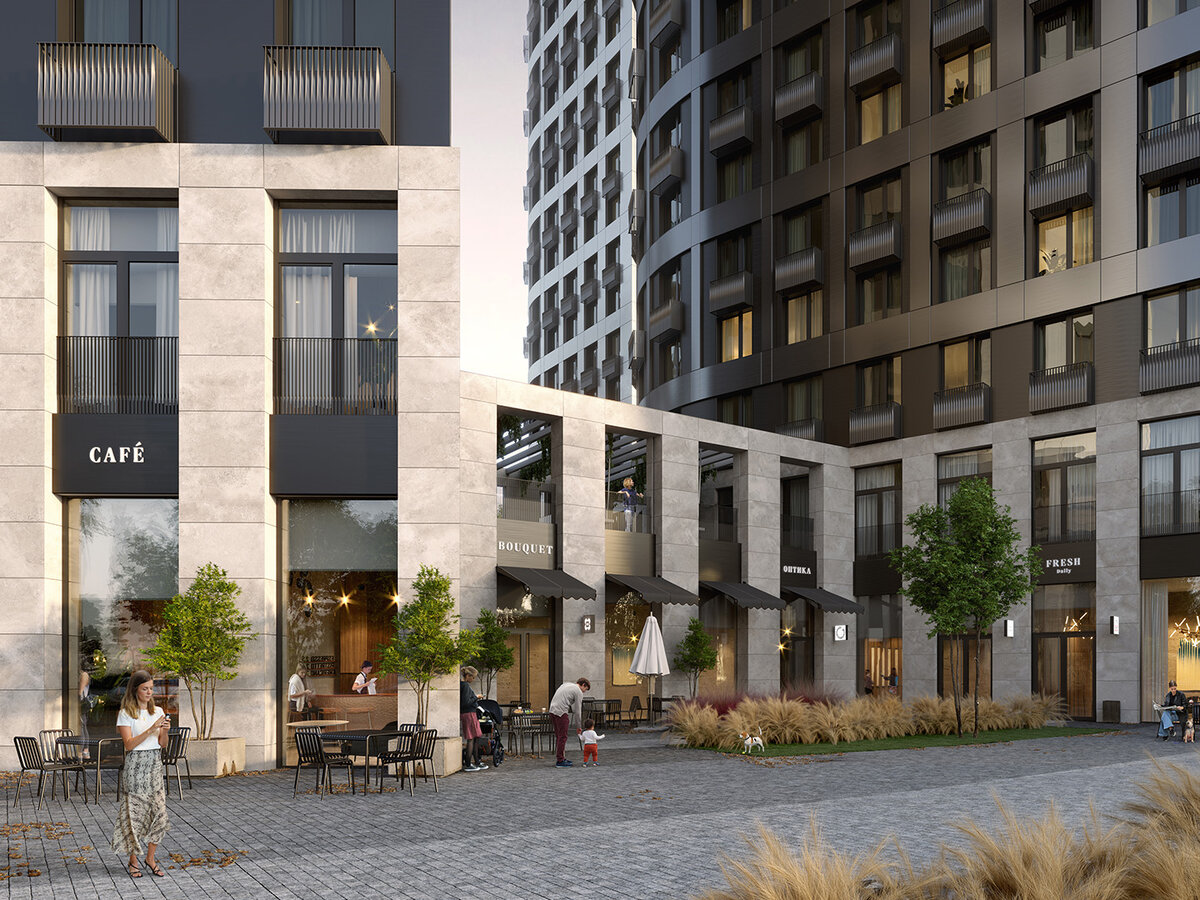 На территории комплекса появятся магазины, сервисы и кафе, а также закрытый двор с амфитеатром, лаундж-зонами, сенсорным садом, спортивными и детскими площадки.