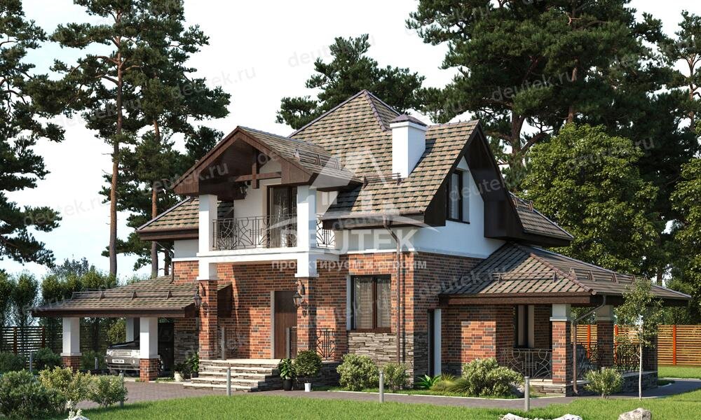 Проект дома 144 м2 из керамоблока с навесом для автомобиля, балконом и террасой - LK-67