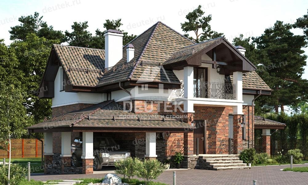 Проект дома 144 м2 из керамоблока с навесом для автомобиля, балконом и террасой - LK-67