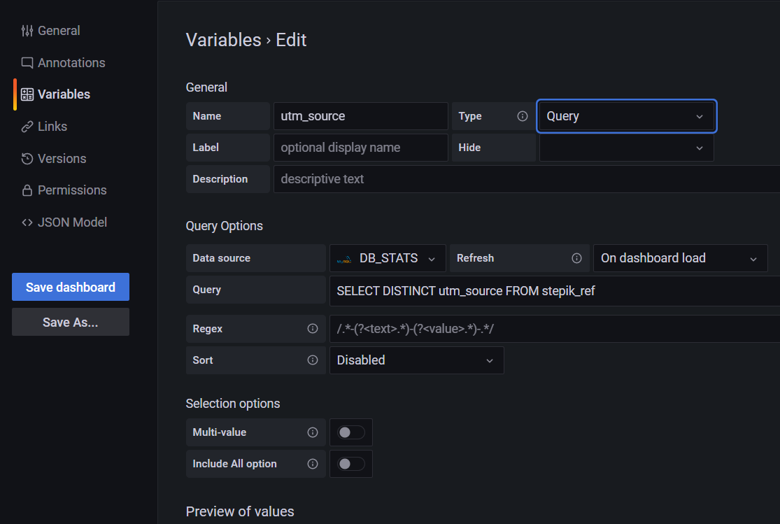 Grafana, свойства дашборда, создание новой переменной