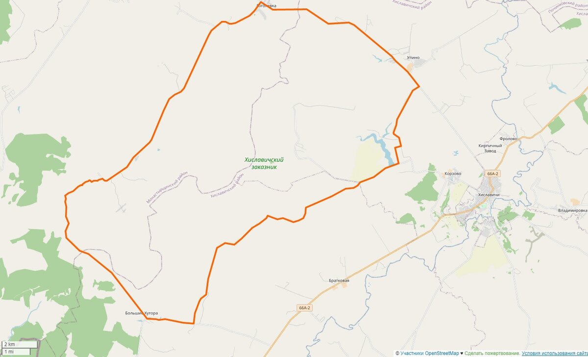 Границы государственного природного заказника регионального значения "Хиславичский" (Смоленская область).