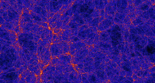 Космическая паутина из нитей тёмной материи, в местах пересечения которых находятся галактики. Изображение получено с помощью компьютерного моделирования. Фото © sciencenews.org / ANATOLY KLYPIN / NEW MEXICO STATE UNIVERSITY, JOEL PRIMACK/UC SANTA CRUZ