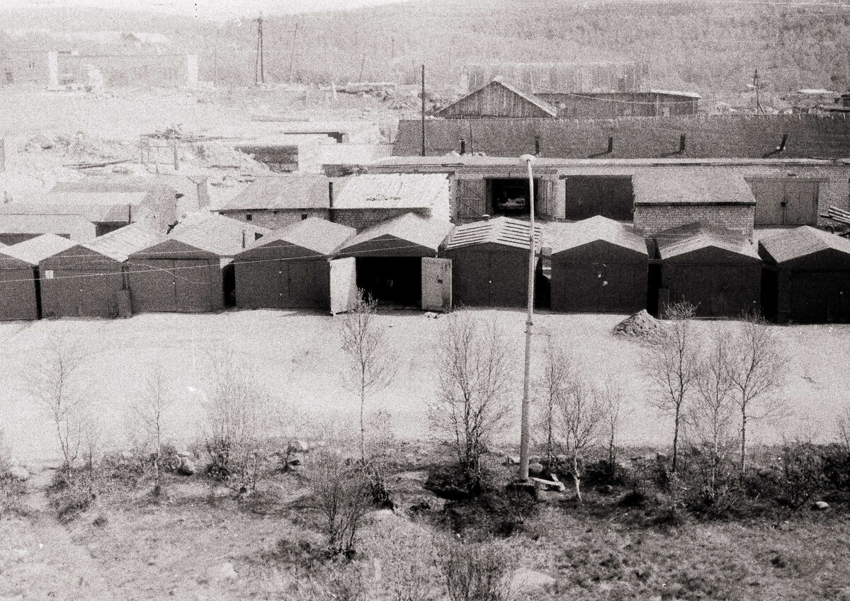 Снимок, сделанный младшим братом Анатолием в начале 1990-х годов. За гаражами уже нет того сарая, а стоят новые каменные гаражи, за которыми видна крыша с вентиляционными грибками наполовину утопленного в землю овощехранилища.