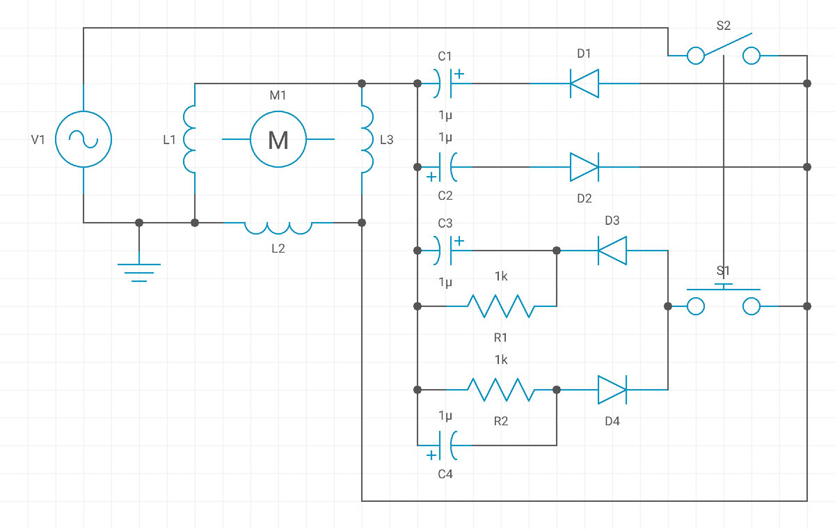 Как видно там тоже имеются конденсаторы, но суть в том, что конденсаторы работают отдельно, каждый на своей волне сети. Такое решение позволяет снизить рабочее напряжение конденсатора до напряжения сети. И позволяет к тому же использовать оксидные конденсаторы, которые дешевле намного и не дефицитные, используется практически везде , в телевизорах например. Диоды разделяющие волну должны быть рассчитаны на обратное напряжение не менее 300 вольт, если двигатель работает на 220 вольт. Диоды типа Д242 например могут работать на нагрузку до двух киловатт. Такой электронный запуск двигателя имеет много преимуществ. Пусковая и включающая кнопка имеет механическую связь, пусковая кнопка включает пусковые конденсаторы и отключается. Рабочие конденсаторы работают поочередно, на отрицательных и положительных волнах соответственно. Обмотки двигателя не испытывают отставания по фазе, как это происходит в классической схеме, от этого двигатель и не теряет столько мощности. Включив временно амперметры в фазы двигателя а, в,с можно подобрать одинаковые токи в каждой обмотке, с помощью подбора ёмкости рабочих конденсаторов. Выравнивать токи нужно  когда двигатель включён и нагружен на среднюю рабочую нагрузку. Пусковые конденсаторы в работе не участвуют, они лишь нужны в момент пуска. Единственное замечание по поводу оксидных конденсаторов, они как правило работают отлично. И могут испортиться если произойдет пробой диода. Тогда к конденсатору приложится обратное напряжение и он взорвётся. Поэтому лучше застраховаться и поставить сдвоенный или четвертной диод. То есть два или четыре диода включенных паралельно. Вместо оксидных можно конечно и другие использовать которые не зависят от полюсов напряжения, но тогда теряется смысл схемы. Единственное что позволит использовать конденсаторы на пониженное напряжение, так как не будут складываться ток сети и ток конденсатора. Потому что диод будет запираться и препятствовать умножению напряжения.
