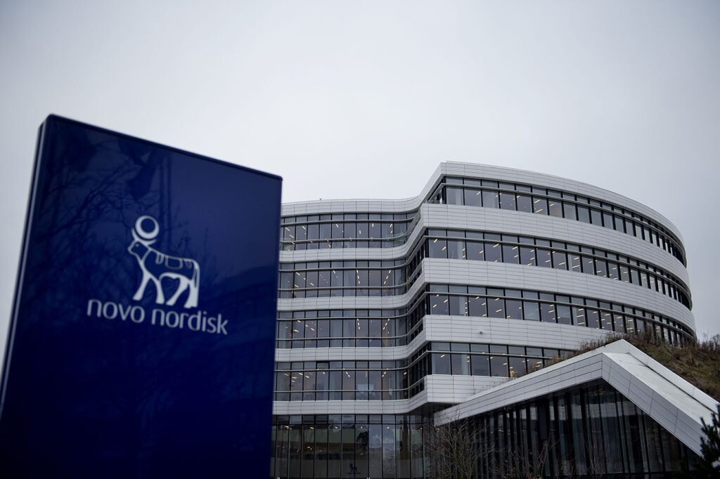    The logo of Danish pharmaceutical company Novo Nordisk is displayed at its headquarters in Bagsvaerd outside of Copenhagen, Denmark. (Liselotte Sabroe/AFP/Getty Images) GxP News