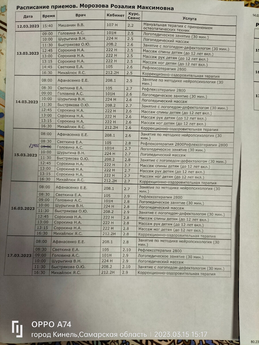 Изначальное расписание