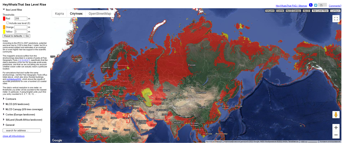 Сервис "HeyWhatsThat Sea Level Rise": https://heywhatsthat.com/sealevel.html для определения высоты вашей местности. Необходимо установить значение 676 (ft) в поле "Red", что равнозначно 206 метрам (переключаются в меню "General").