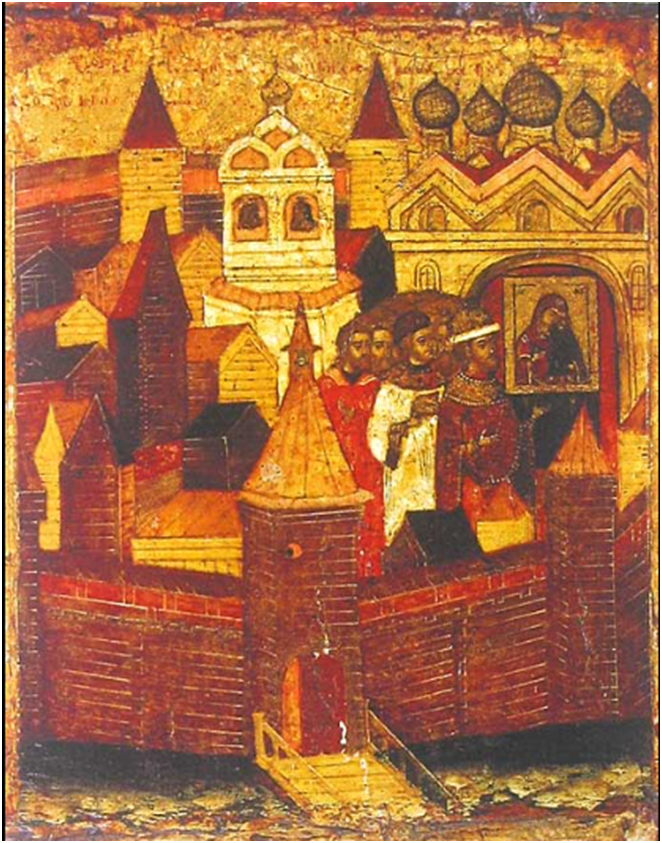 На фрагменте иконы XVII века изображен Крестный ход в Ярославском кремле