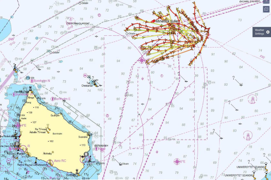 Странный маршрут Minerva Julie к северо-востоку от Борнхольма с 6 по 13 сентября 2022 года, согласно данным MarineTraffic © MarineTraffic