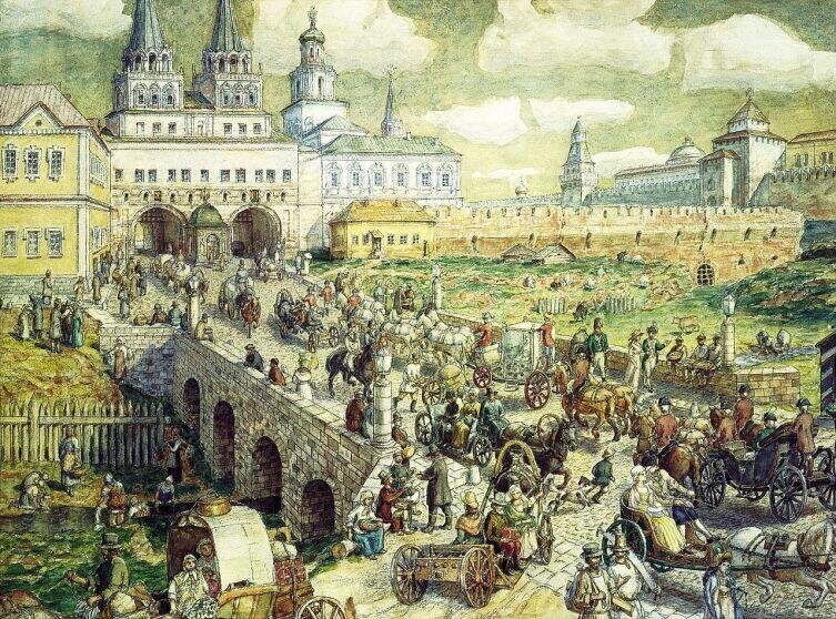    А. М. Васнецов, «Воскресенский мост, Москва, XVIII век», вид на Воскресенские ворота и здание Земского приказа Фото: общественное достояние
