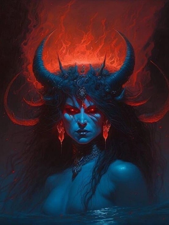 🔥💀Легенда о богине Кали – Матери всех миров💀🔥

В глубокой древности асура Махиша долгое время исполнял покаяние и за это был награжден даром, который давал ему возможность становиться невидимым. Тогда этот демон задумал стать владыкой мира и свергнул Индру с небесного престола. Боги, которые не захотели подчиняться свирепому демону, отправились к властителям мира Брахме, Вишну и Шиве и умоляли спасти их от такого унижения.

Из уст разгневанной триады вырвалось пламя гнева, соединившееся в огненном облаке. Озарив грозным блеском всю Вселенную, из него появилась женщина. Ее лицо было пламенем Шивы, руки олицетворяли мощь Вишну, а пояс – силу Индры. Ее брови создали божественные братья-близнецы Асивины, глаза – повелитель огня Агни, уши – ветреный Ваю, зубы – Брахма, волосы – владыка царства мертвых Яма, а бедра – Притхиви, богиня земли. Небожители дали ей в руки оружие: топор и трезубец, лук и стрелы, петлю и палицу. Так возникла богиня Кали.

Воинственный и страшный клич вырвался из уст Матери, и она, оседлав льва, бросилась на врага. Тысячи воинов, подчинявшихся Махиши, набросились на нее, но она с легкостью отражала их атаки. Ее дыхание создавало все новых и новых воинов, которые с неистовством бросались в сражение. Грозная богиня закалывала демонов копьем, рубила мечом, убивала их стрелами, накидывала им на шеи петли и волоком тащила их за собой.

От этой великой битвы потемнело небо, затряслись горы и полились реки крови. Несколько раз богиня Кали настигала Махишу, но он все время менял свой облик и уходил от нее. Но, наконец, она огромным прыжком нагнала демона и с невиданной силой обрушилась на него. Она наступила своей ногой ему на голову и ударом копья пригвоздила его к земле. Махиша опять попытался принять иной облик и снова ускользнуть от разгневанной богини. На этот раз она опередила его и мечом отсекла ему голову.

Радуясь одержанной победе, Кали начала танцевать. Она двигалась все быстрее и порывистее. Все вокруг стало сотрясаться, отчего миру грозило полное уничтожение. Боги испугались и стали умолять Шиву прекратить неистовый танец Матери, но даже ему не удалось остановить ее. Тогда он лег перед ней на землю, но и это не помогло. Она продолжала свой неистовый танец, попирая ногами его тело, пока не осознала всего происходящего. Только тогда она остановилась.

Боги преклонились перед Матерью всех миров. А она, уставшая от сражения, окровавленная и теперь добродушная пообещала им помогать каждый раз, как только потребуется ее поддержка. После этого богиня скрылась в своих неприступных храмах, чтобы отдохнуть и насладиться своей победой. Извечная Мать всего сущего, она за все в ответе, поэтому всегда остается в боевой готовности.