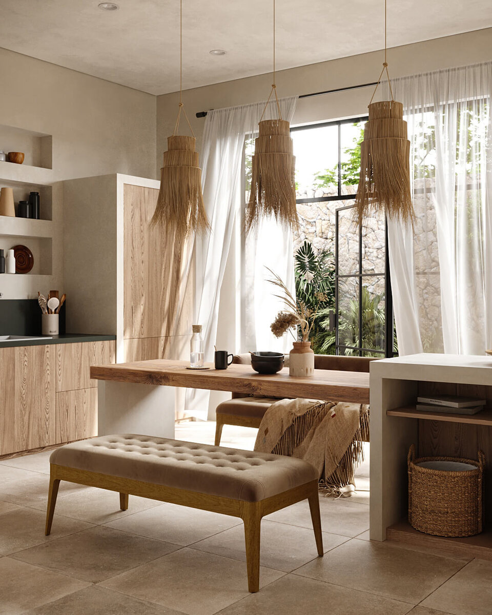 Ваби-саби стиль в квартире со скамьей EDDA, угловым диваном RAF и панно ELEMENTS
