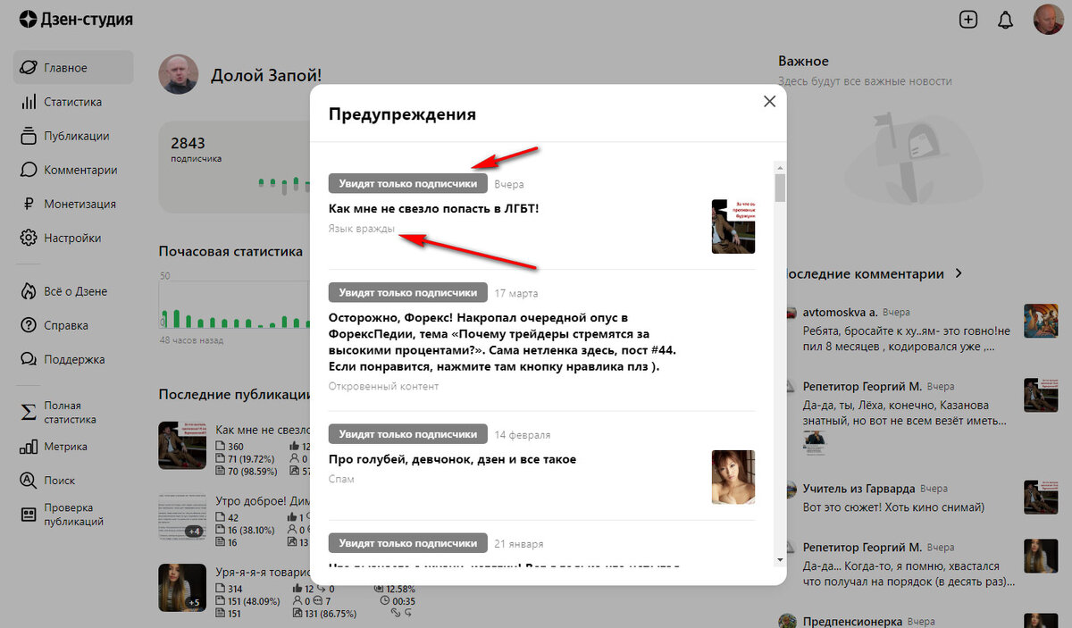 Скриншот из ЛК автора канала