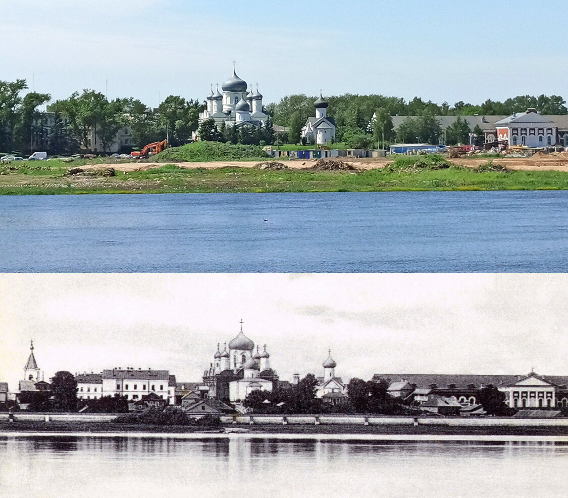Вид на монастырь со стороны Волхова: 2022 год, и начало XX века. 