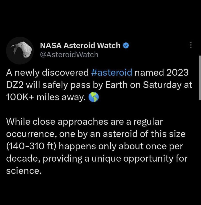 ⚡️Сегодня вечером между орбитами Земли и Луны впервые за десять лет пролетит огромный астероид, способный уничтожить город, — NASA.

Астероид 2023 DZ2 диаметром от 40 до 90 метров пронесется на расстоянии примерно 175 тысяч километров от Земли, а незадолго до этого пройдет Луна.
