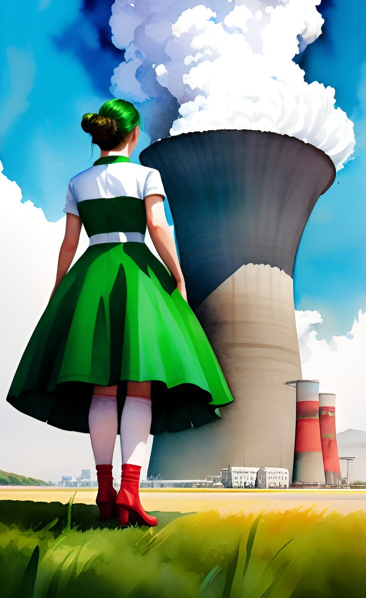 Фотография носит иллюстративный характер. Сделана нейрорисовашкой https://dream.ai/ . Изображает девушку в платье цветов беларуского флага стоящей на фоне атомной электростанции.
