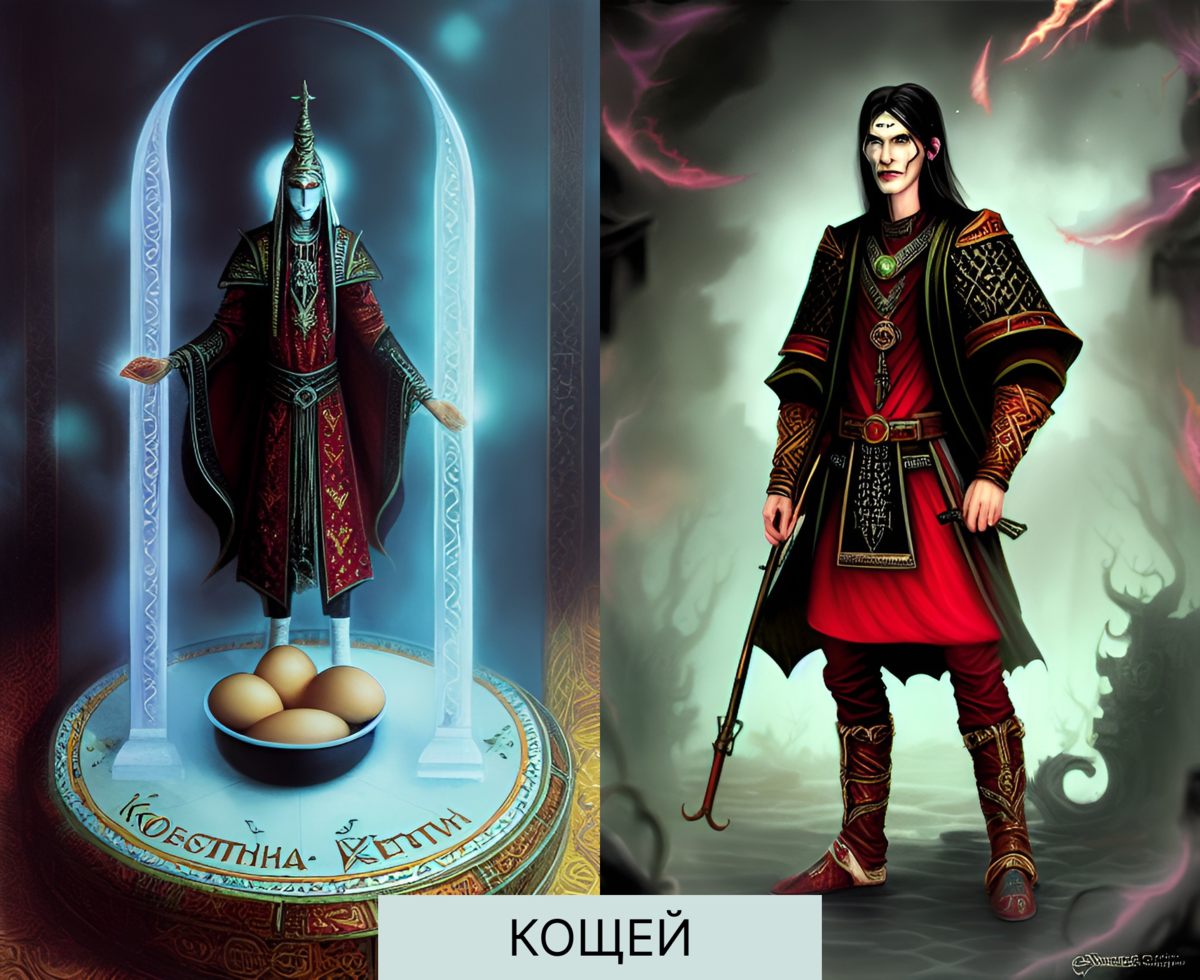 Фантазия искусственного разума почти добралась до самого ценного - яйца в котором спрятана игла. По мнению нейросети, Кощей неплохо сохранился.