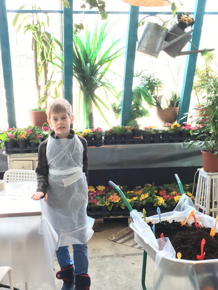 Фото автора. Март 2017-го. Первоклассник Витя тогда выбрал работу в теплице. Посадил цветы, разрисовал горшок для них, забрали домой