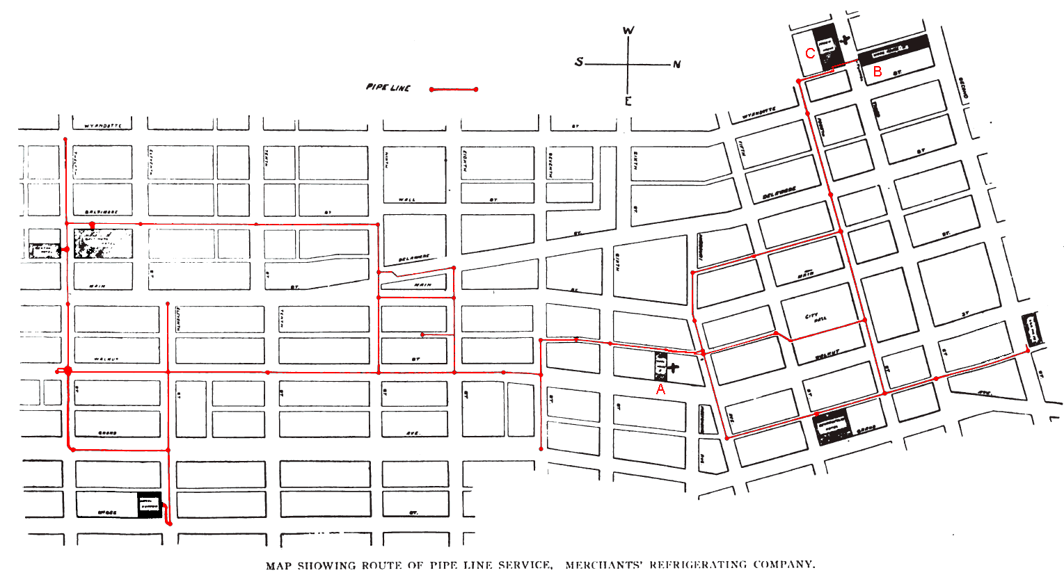 Холодильная сеть Канзас-Сити в 1907 году. A, В = холодильные цеха, C = центральная электростанция 