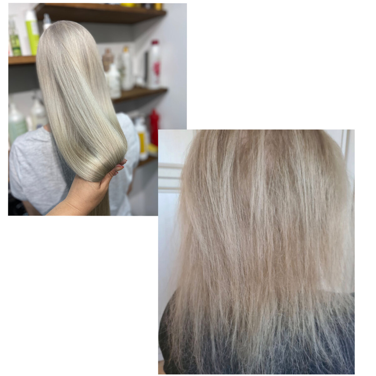 Вы наверняка замечали, что волосы с многократным мелированием редко бывают блестящими и плотными, в отличие от равномерного тотального блонд?