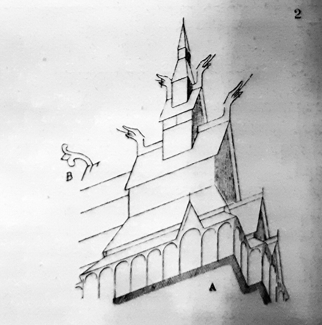 Рисунок норвежской церкви с восточными архитектурными деталями