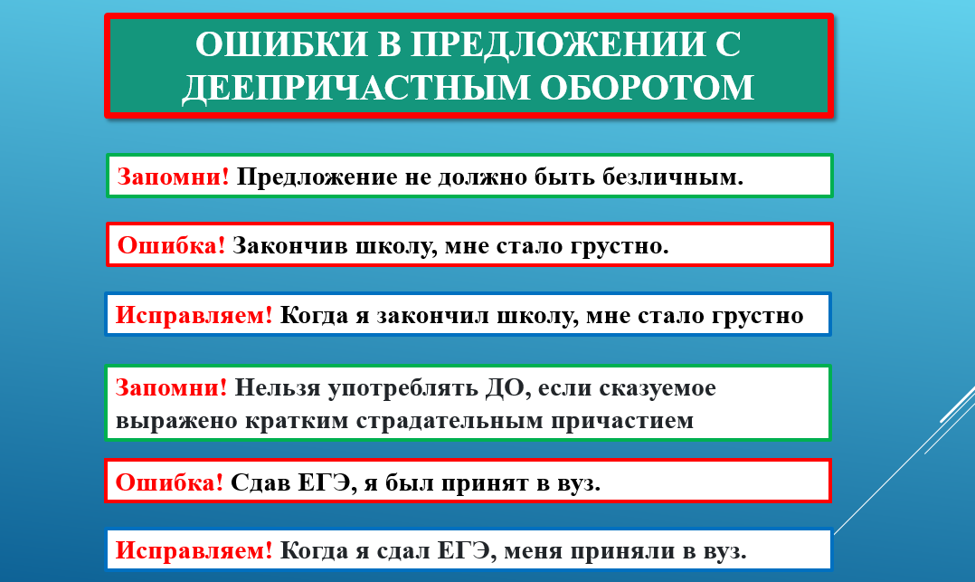 Пять предложений с деепричастным оборотом