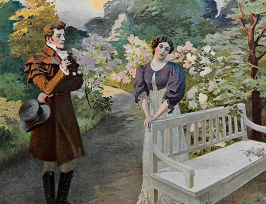 Татьяна и Онегин, встреча в саду. Художник Е. П. Самокиш-Судковскаяя 1908 год . 