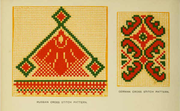 Схемы для вышивания крестом (слева русский узор, справа - немецкий), Словарь рукоделия, С. Ф. Э. Коулфейлд, Б. К.Савард, том 1, 1890 год