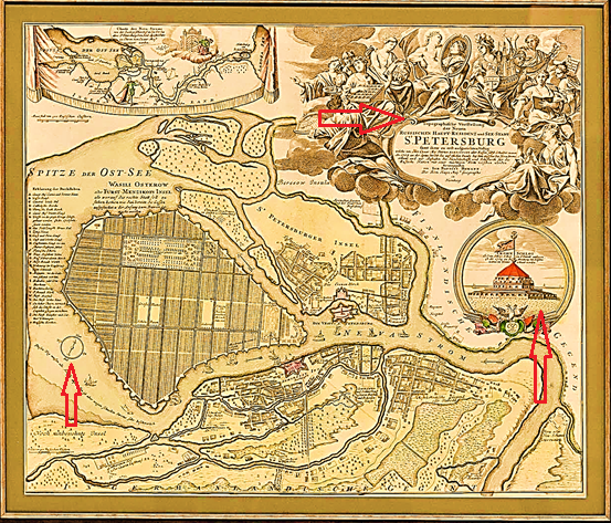 Стрелками указано на название именно топографической карты, т.е. карты, расчерченной по результатам измерений местности, и направление компаса на Север, отклонённое от нынешнего примерно на 16°, как разница между наклоном земной оси и лунным наклоном поля силы тяжести бывшей верхней оболочки Земли (23°24' - 7°24'). Фальсификаторы от истории нагло выдают такую же карту за план Д.Трезини. На кого они рассчитывают? Ведь кроме иного полюсного направления и форт Кроншлот, изображённый справа с красной крышей - это явно затопленный при оседании замок. Как можно в здравом рассудке выдавать это за план строительства?