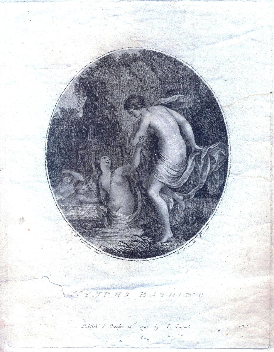 NYMPHS BATHING»  «Купающиеся нимфы»
Джованни Баттиста Чиприани (1727 - 1785)
Гравер Антонио Сюнташ (Suntach, Antonio 1744-1828)
14 октября 1790 г.
Западная Европа
Гравюра на меди, пунктирная манера
Нижнетагильский музей-заповедник «Горнозаводской Урал»
