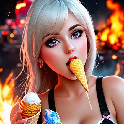Изображение сгенерировано нейросетью* по запросу: "Красивая девушка лижет мороженое, на заднем фоне огонь и взрывы"