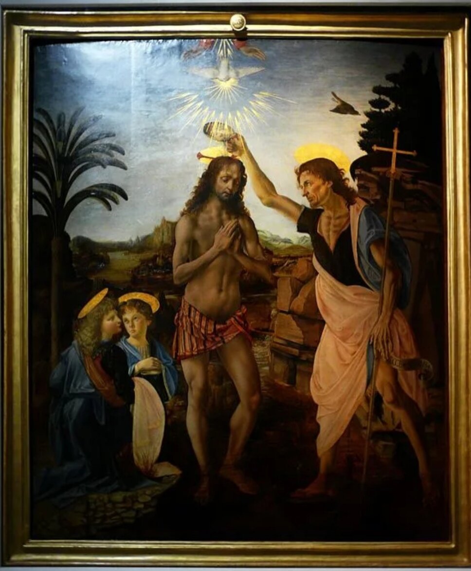 Картина Верроккьо «Крещение Христа». Ангел слева (левый нижний угол) — творение кисти Леонардо да Винчи.