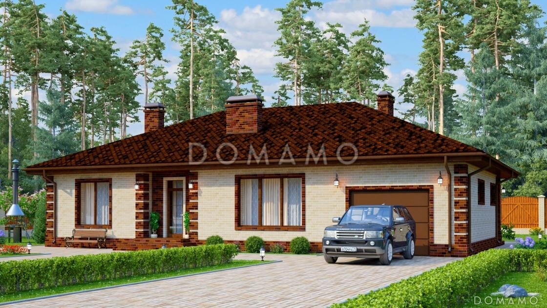 Проект D2398 — одноэтажный дом с тремя комнатами и гаражом