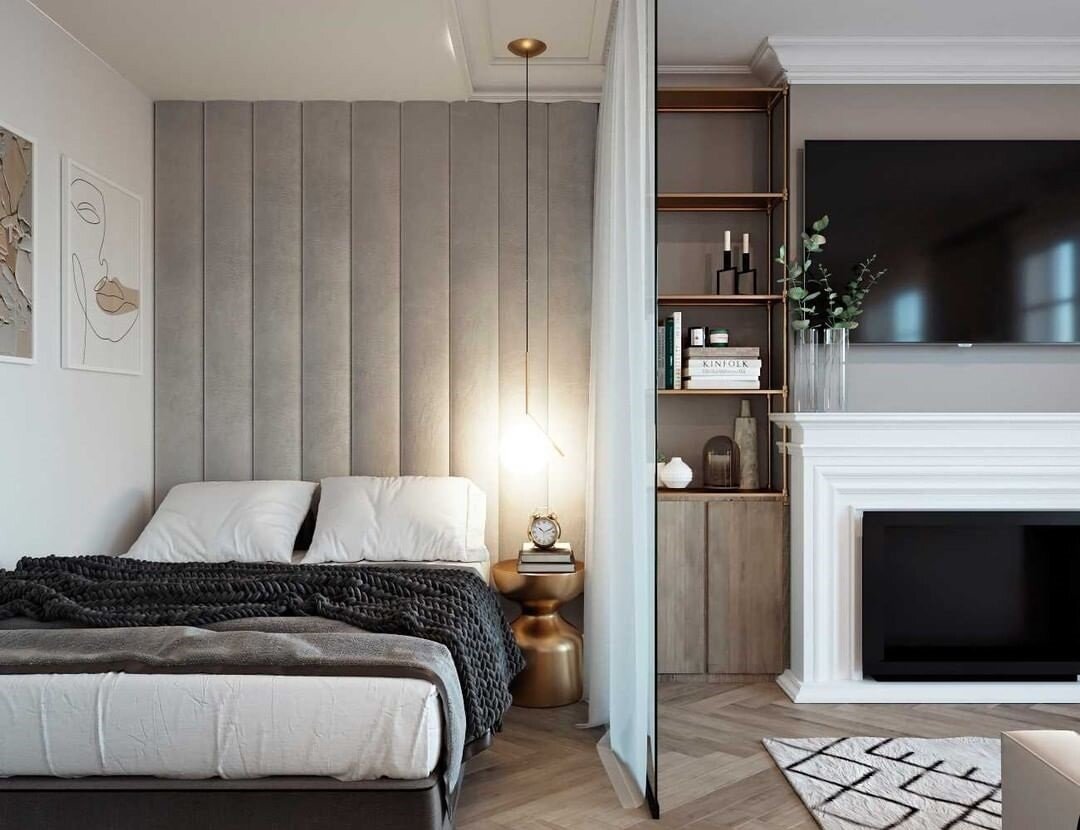 Панорамные окна и камин. Аристократичный интерьер на площади всего 40 кв.м.