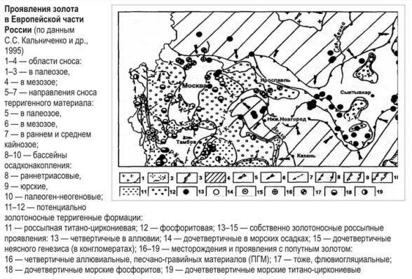 Карта, где искать золото в центральной части России.