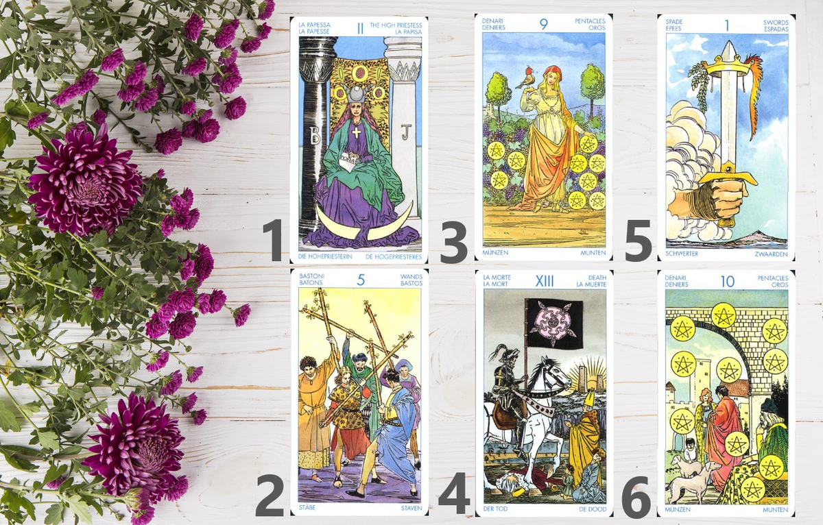1. Жрица. 2. 5 Жезлов. 3. 9 Пентаклей. 4. Смерть. 5. Туз Мечей. 6. 10 Пентаклей.